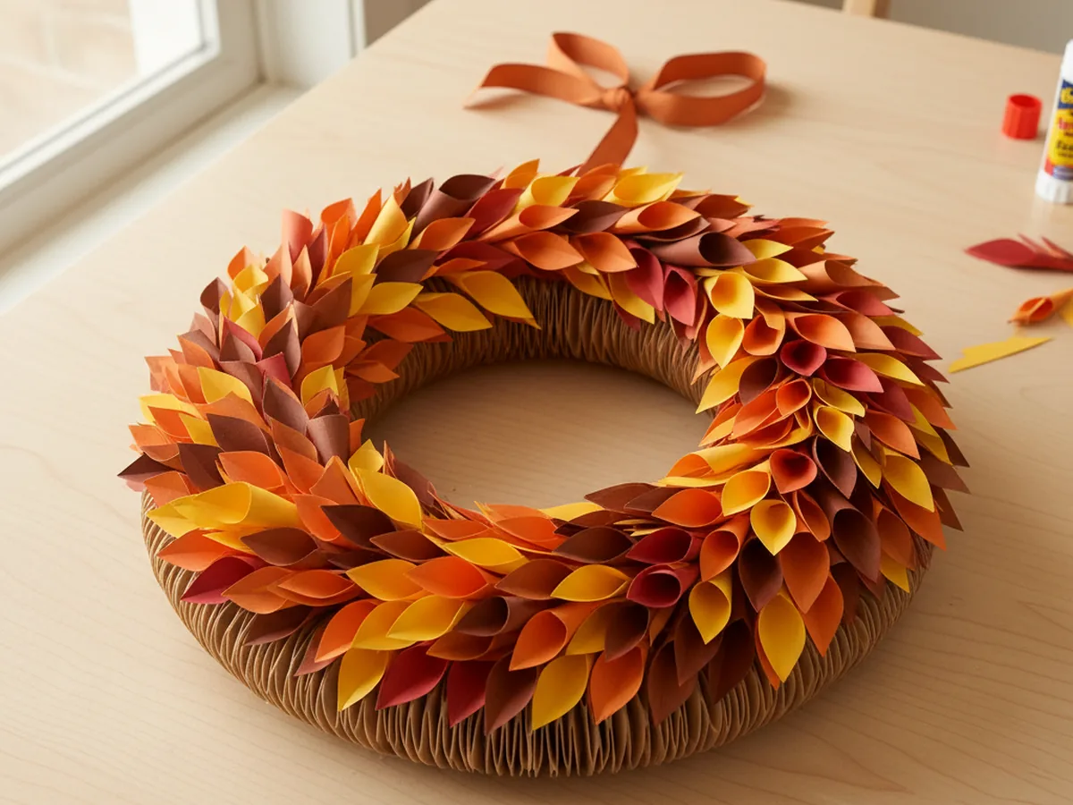 A handmade paper leaf wreath made from a cardstock ring covered in overlapping orange red and yellow construction paper leaves