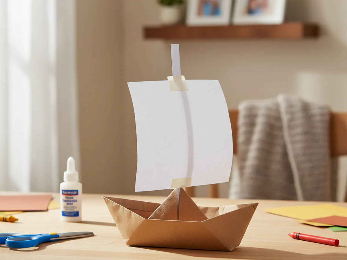 A handmade paper Mayflower boat made from folded brown construction paper with a white paper sail on a cardstock mast
