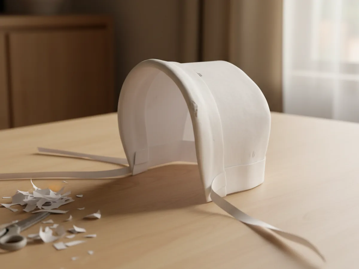 A handmade paper pilgrim bonnet made from white construction paper with a folded brim and long paper ribbon ties