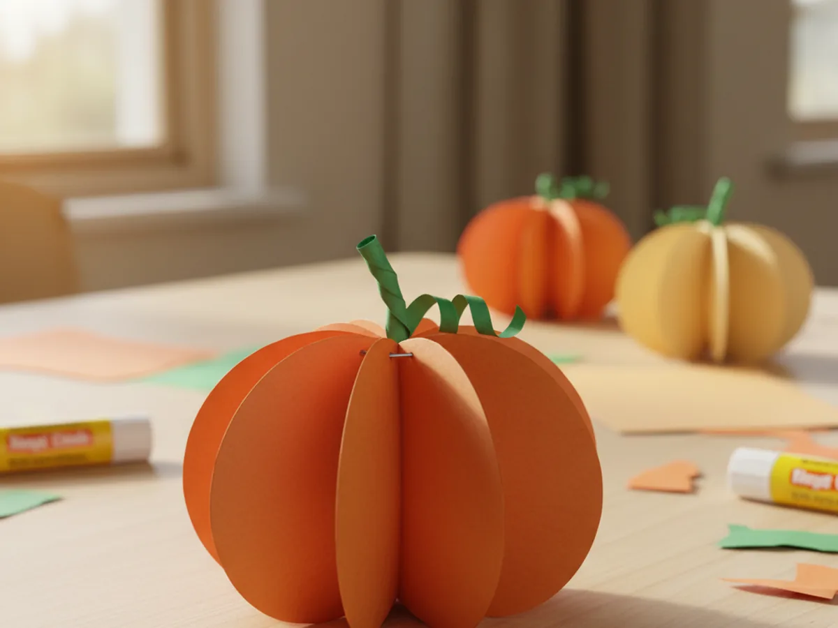 A handmade 3D paper pumpkin made from orange construction paper petal shapes fanned out with a green twisted paper stem