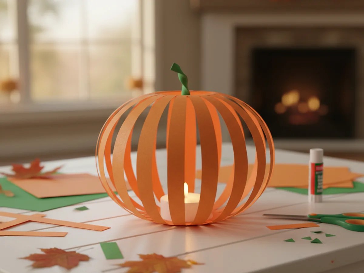 A handmade paper pumpkin lantern made from an orange construction paper cylinder with slit-and-puffed strips and a green stem