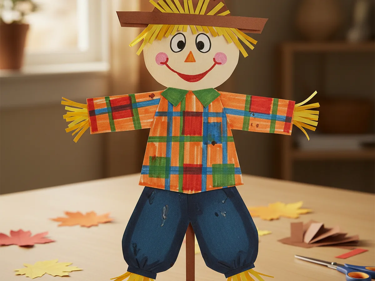 A handmade paper scarecrow craft made from layered construction paper shapes with a straw hat and yellow paper strip fringe