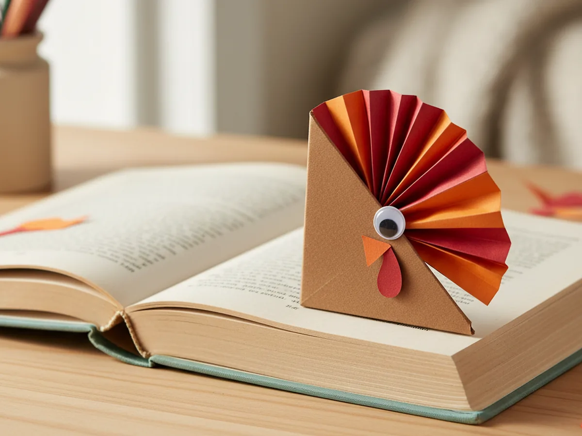 A handmade paper turkey corner bookmark made from a folded brown cardstock triangle with googly eyes and colorful paper feathers