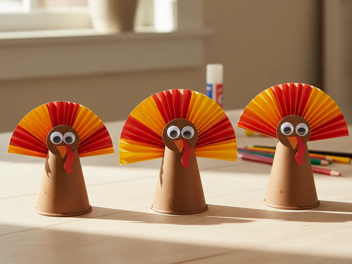 A handmade paper turkey cup craft made from a brown cardstock cone with accordion paper tail feathers and a googly eye head