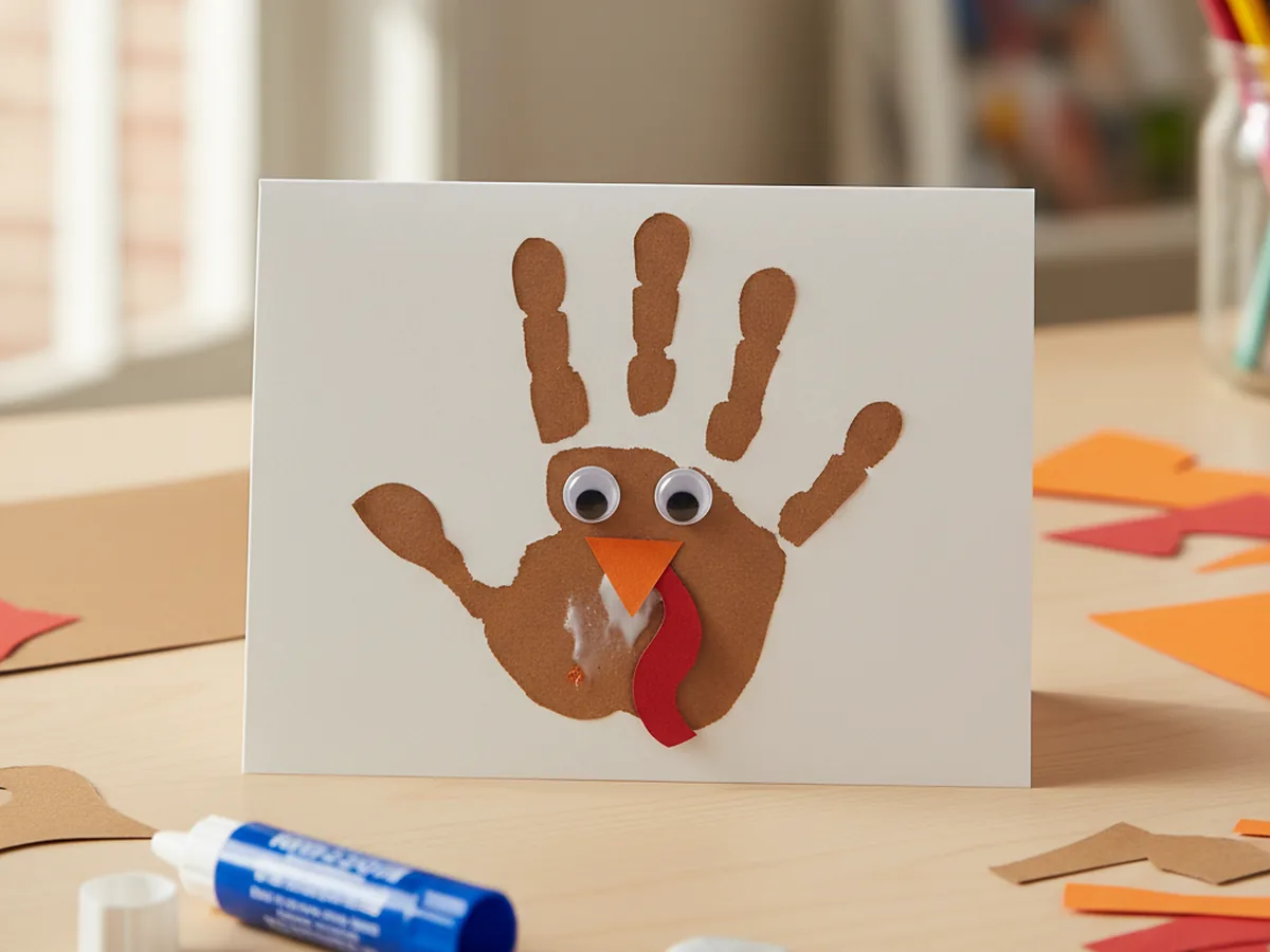 Handmade paper turkey handprint card made from a brown construction paper handprint with googly eyes and orange beak