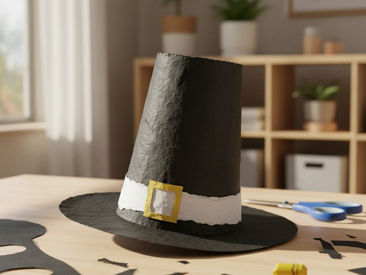 A handmade paper pilgrim hat made from black construction paper with a white band and yellow buckle detail
