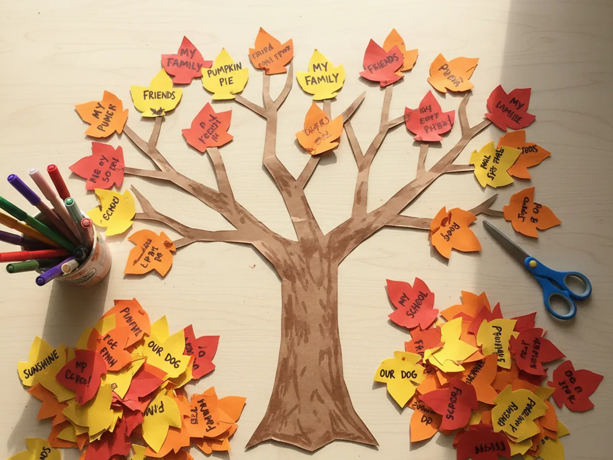 A Thankful Tree wall display made from brown construction paper trunk and colorful orange and red paper leaves with handwritten words