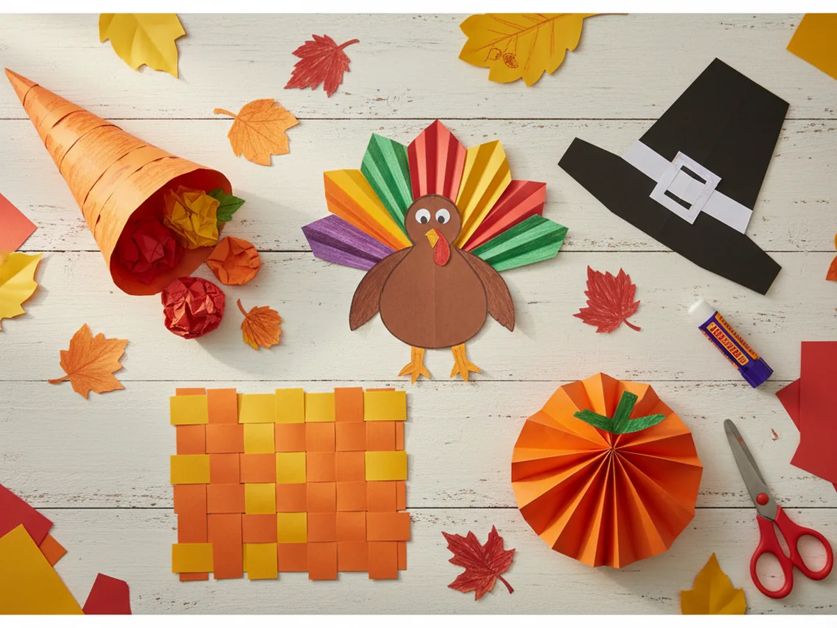 A colorful spread of handmade thanksgiving paper crafts on a wooden craft table including turkeys, leaves, and pilgrim hats