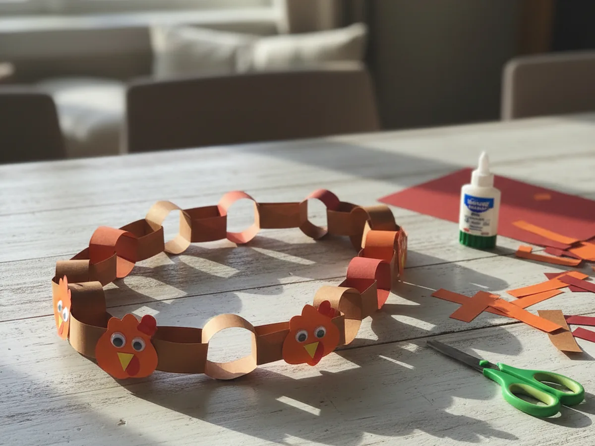 A handmade turkey paper chain garland made from brown and orange construction paper loops with small turkey head cutouts