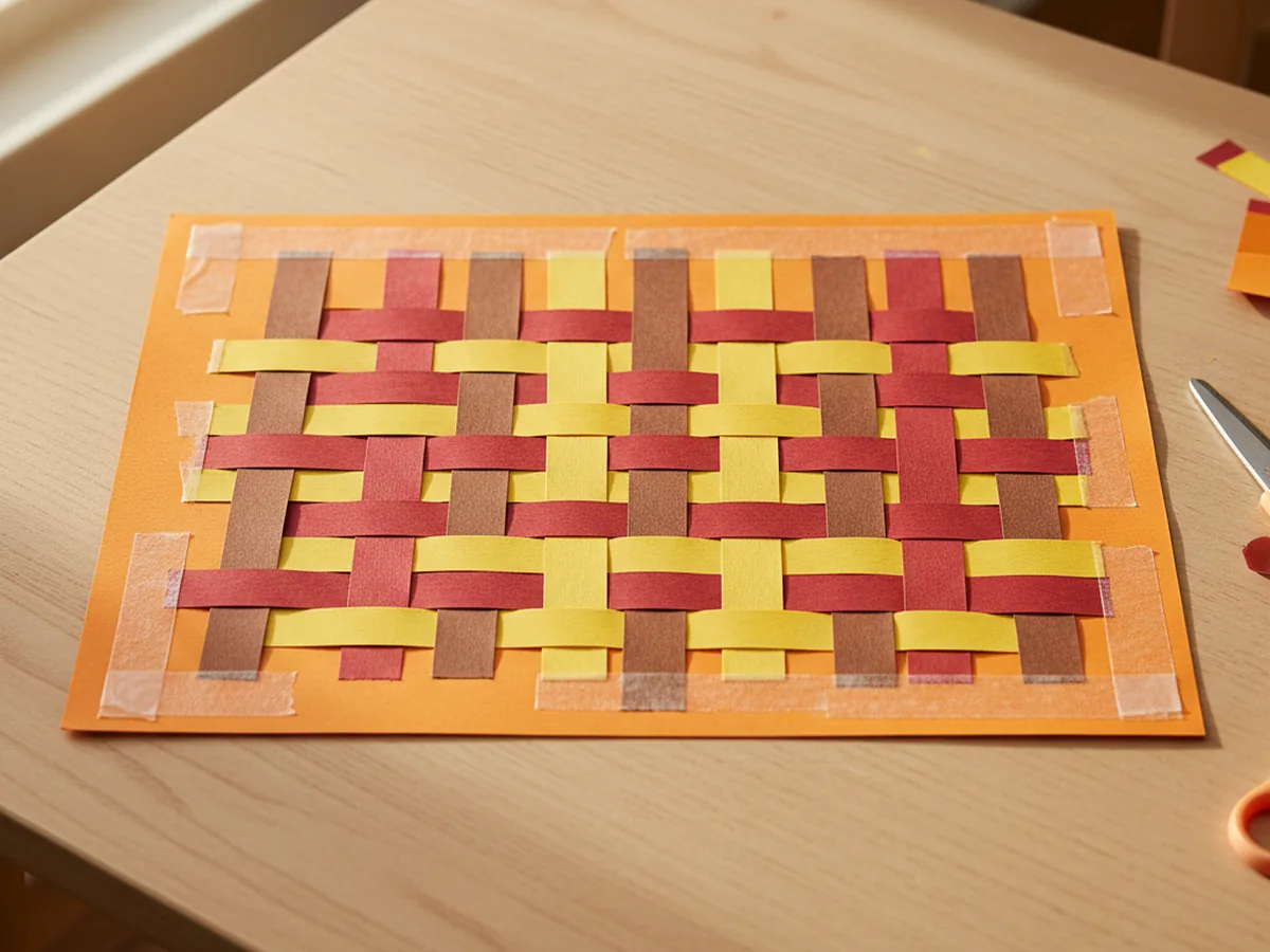 A handmade woven paper placemat made from orange construction paper with yellow red and brown paper strips woven through
