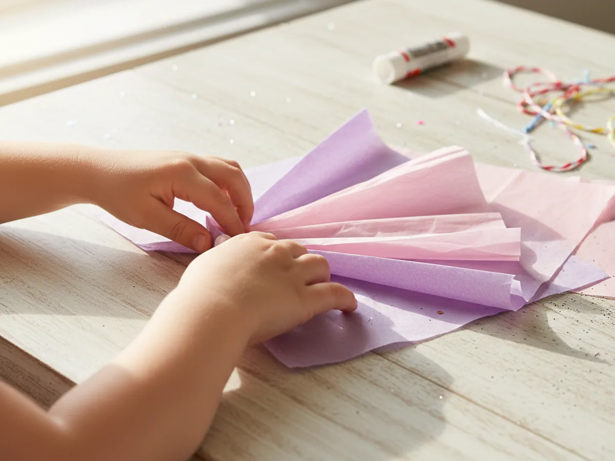 Hands accordion folding stacked colorful tissue paper into a narrow fan shape on a craft table