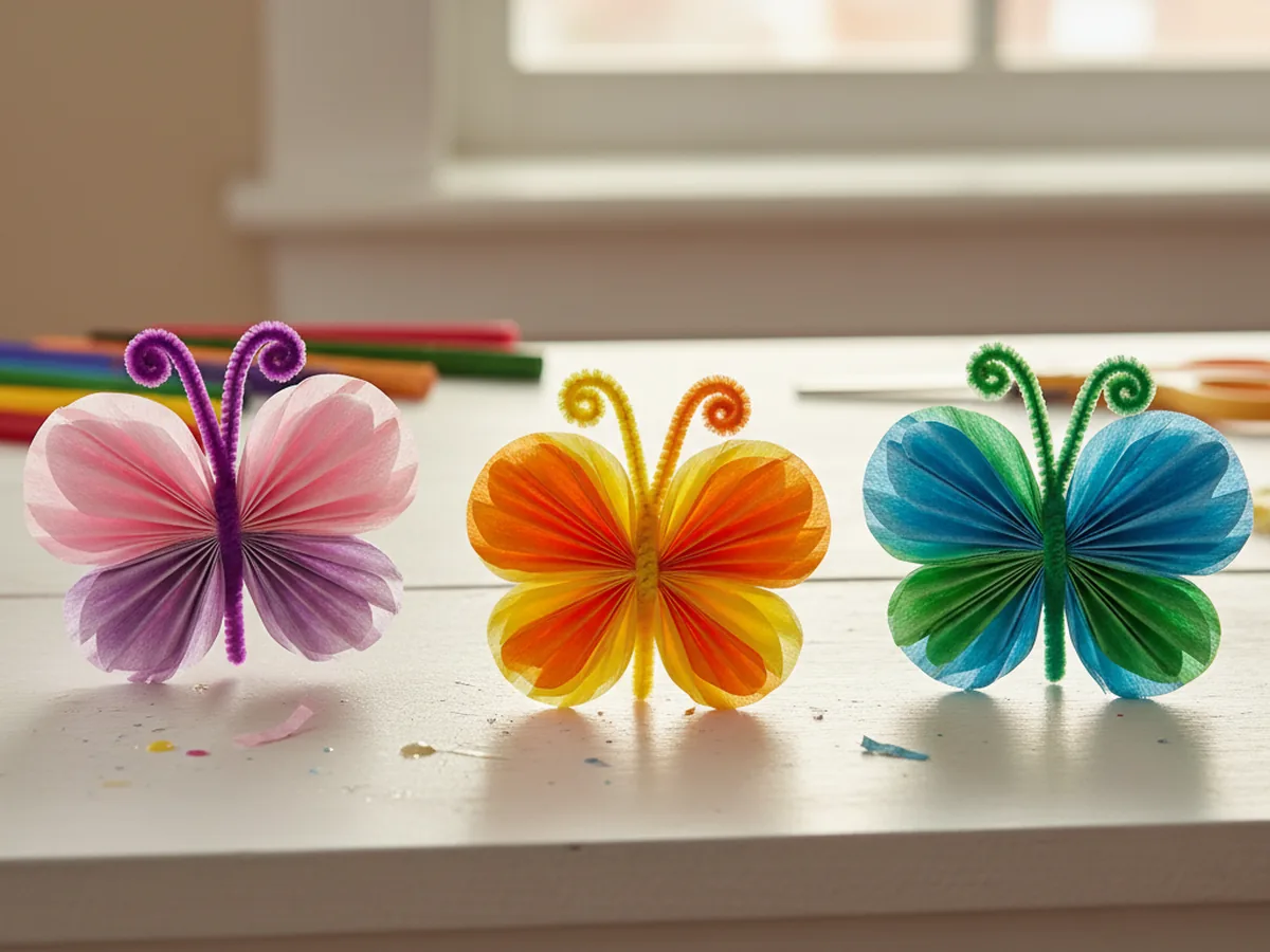 Three colorful finished tissue paper butterfly crafts displayed on a white craft table