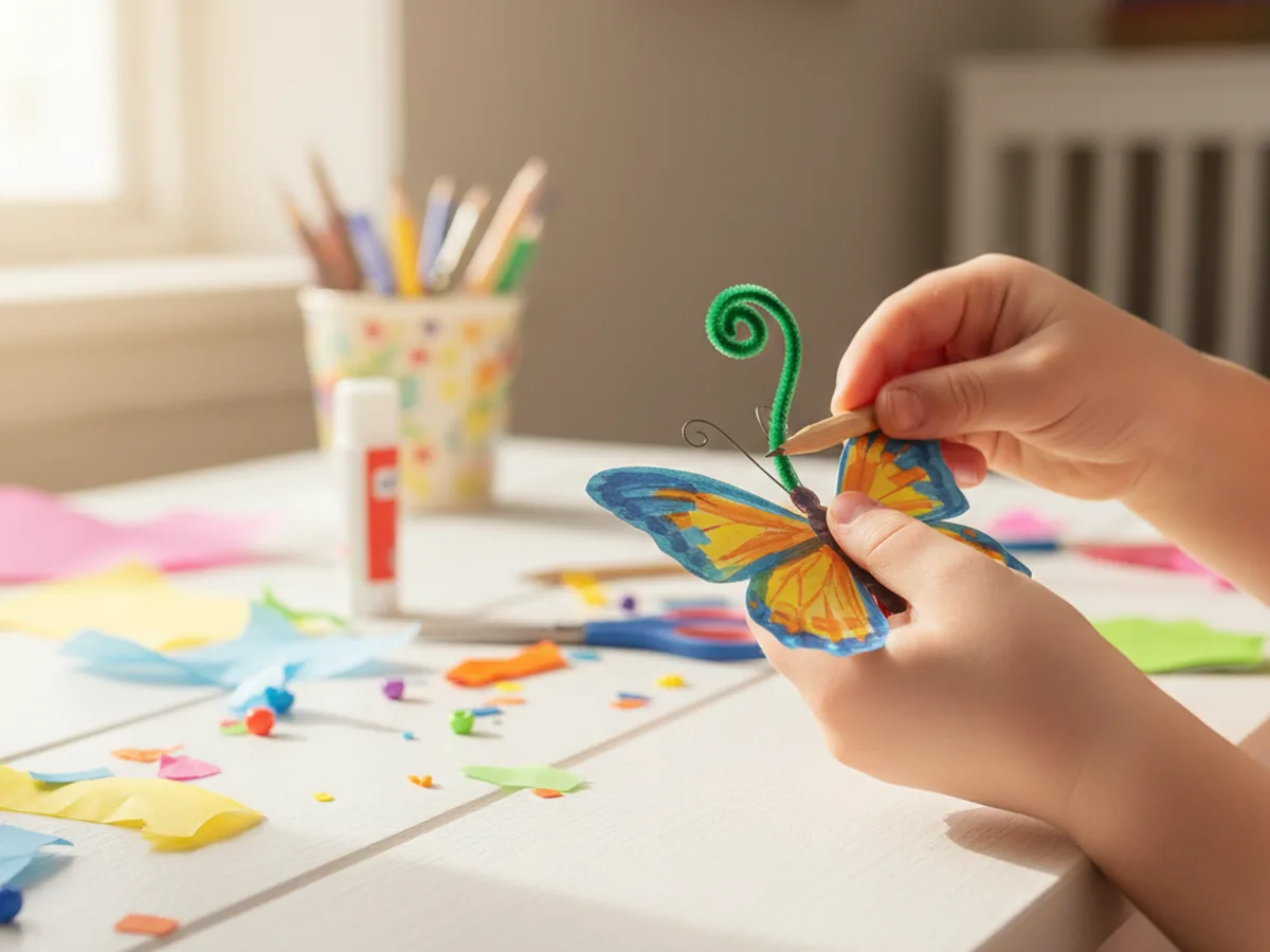 Child wrapping a pipe cleaner end around a pencil to curl the antennae of the tissue paper butterfly
