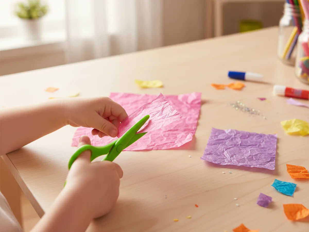 Child cutting colorful tissue paper into rectangles with kids scissors on a craft table