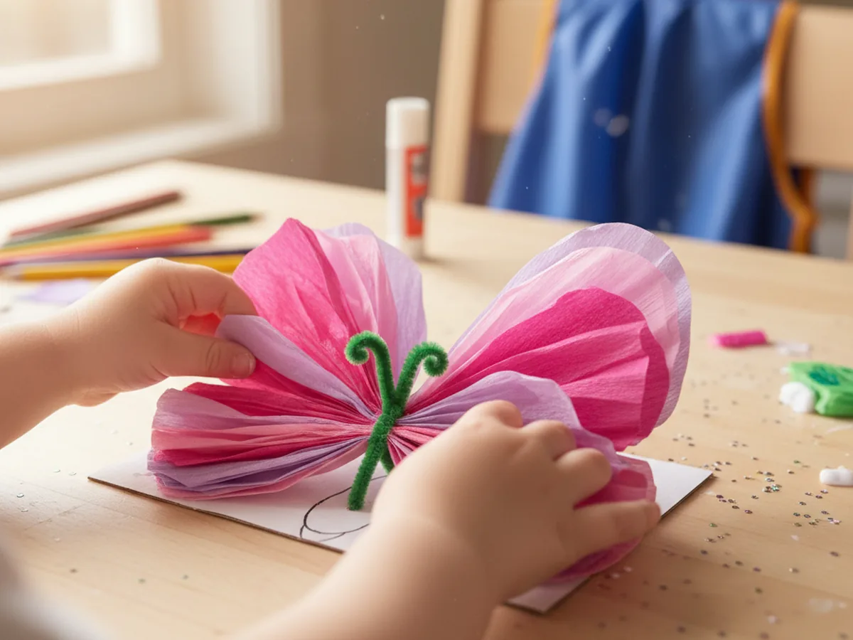Hands gently fluffing and separating the tissue paper layers to open up the butterfly wings