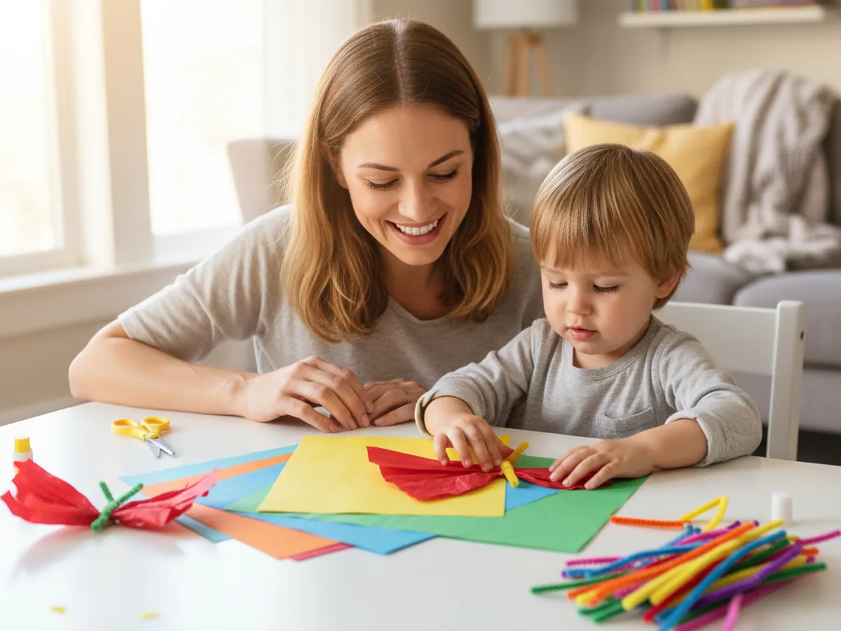 A mom and young child sitting together at a craft table, excited to start their tissue paper butterfly craft