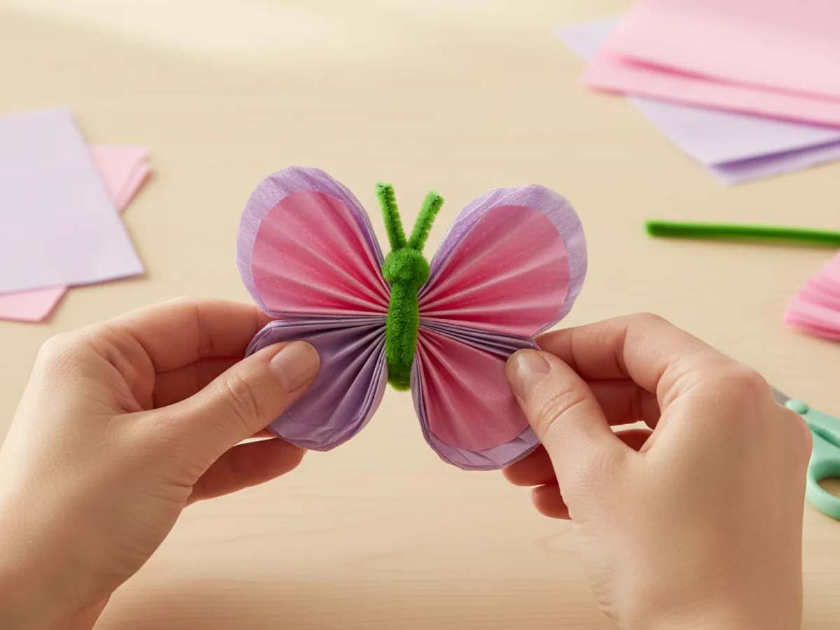 Pipe cleaner twisted tightly around the center of accordion-folded tissue paper to form a butterfly body