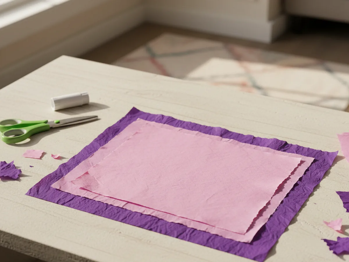 Two tissue paper rectangles in contrasting colors stacked on top of each other on a craft table