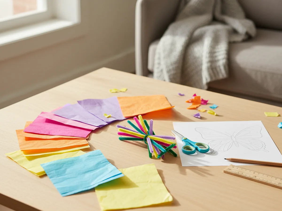 Colorful tissue paper sheets, pipe cleaners, and scissors laid out on a white craft table ready for the butterfly craft