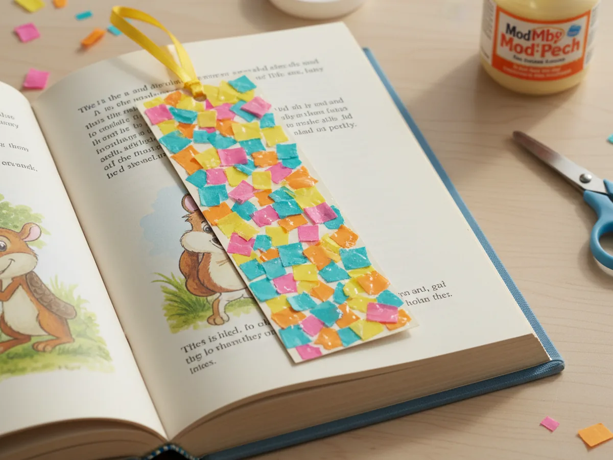 A handmade tissue paper bookmark covered in a colorful patchwork of torn tissue paper pieces sealed with Mod Podge