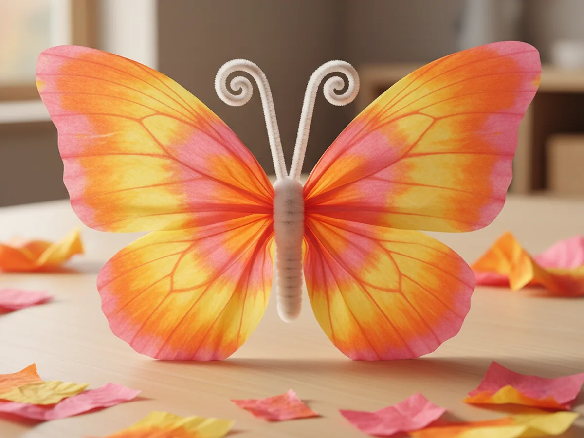 Handmade tissue paper butterfly made from gathered colorful tissue paper pinched with a pipe cleaner