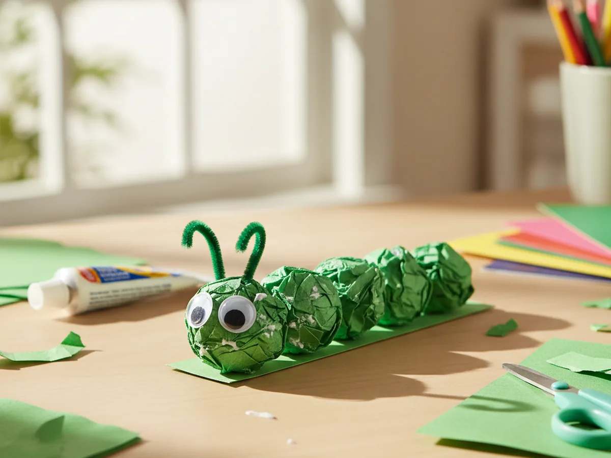A handmade tissue paper caterpillar made from green tissue paper balls glued in a row with googly eyes