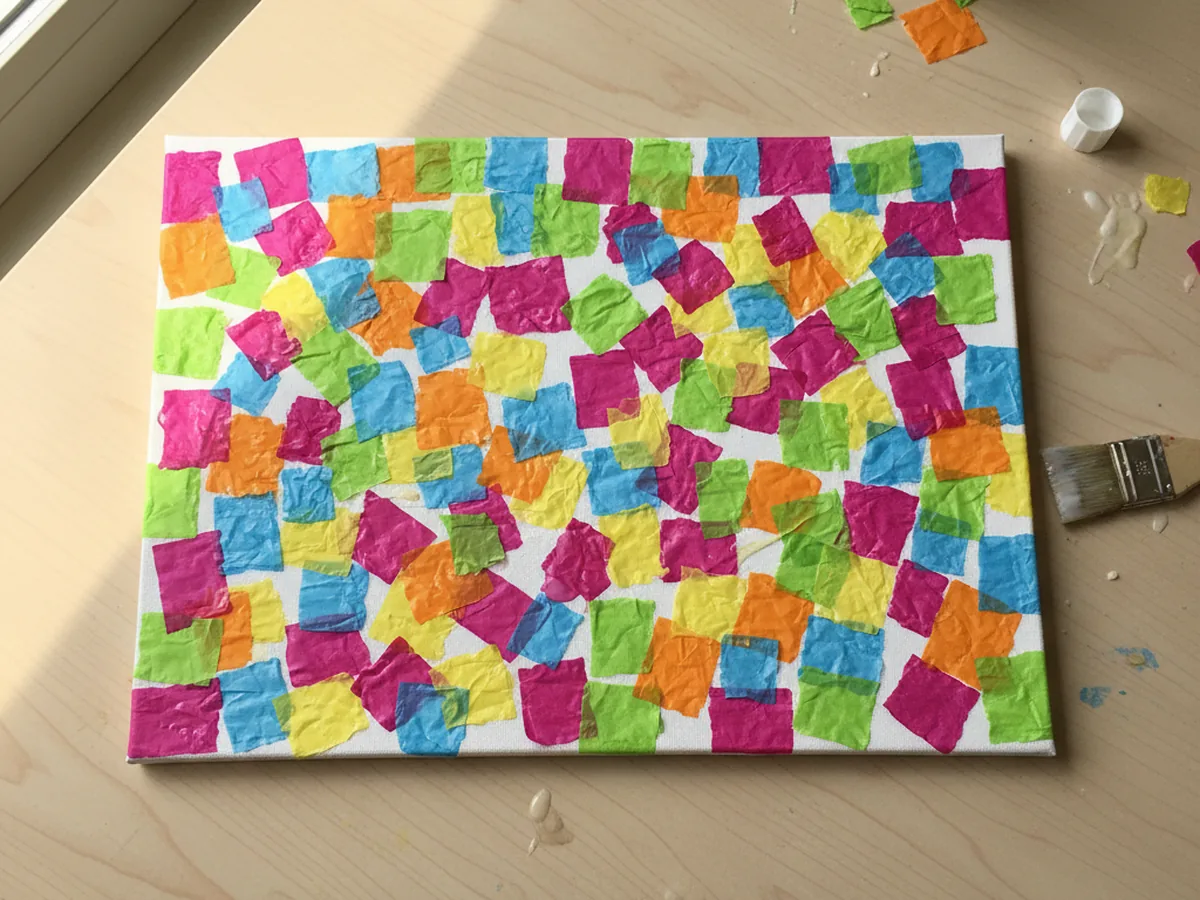 A toddler's tissue paper collage with bright torn pieces overlapping in a free-form colorful design