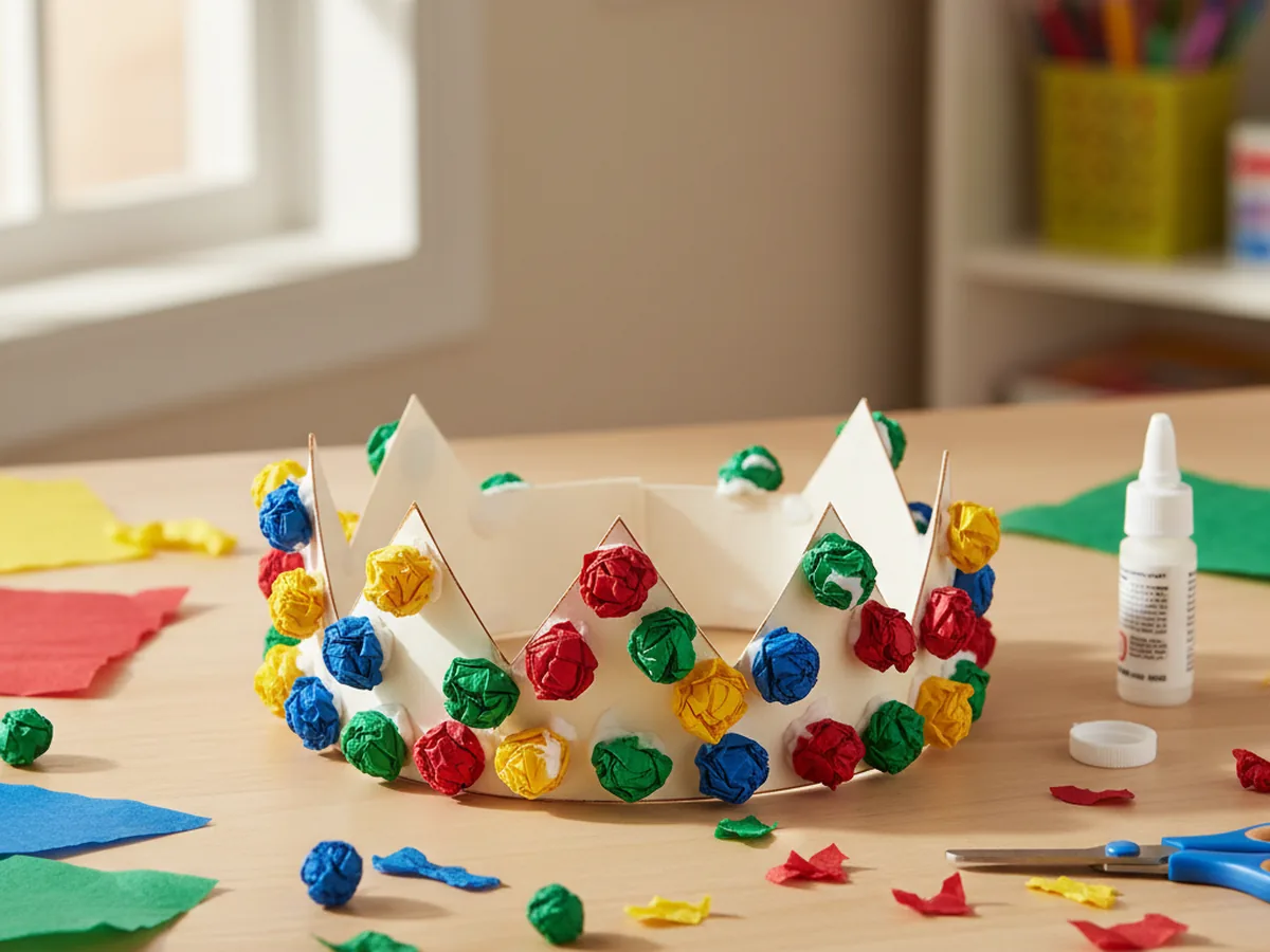 A handmade tissue paper crown with colorful scrunched tissue paper jewels glued onto a cardstock zigzag band