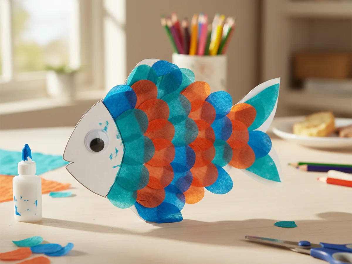 A handmade tissue paper fish craft with overlapping blue and orange tissue paper scales and a googly eye