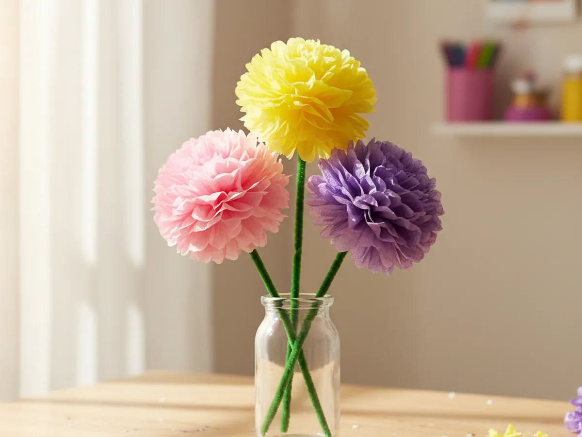 Handmade tissue paper pom-pom flowers in pink and yellow with pipe cleaner stems in a small vase