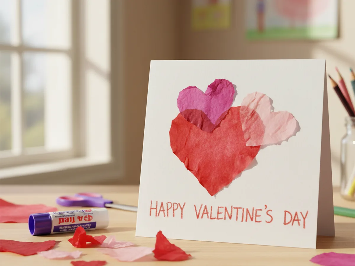 A handmade tissue paper heart card with layered red and pink tissue paper hearts on the front of a folded card