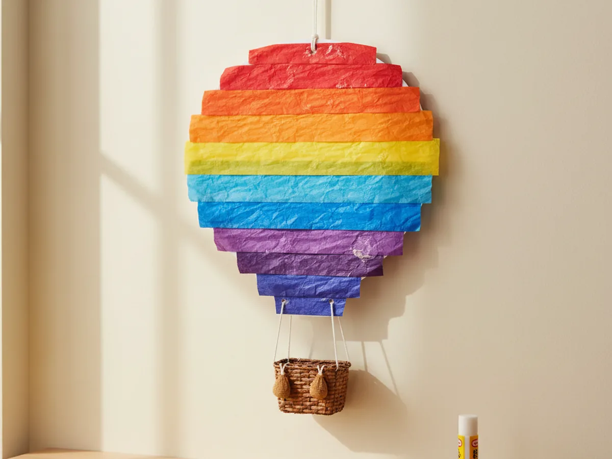 Handmade tissue paper hot air balloon craft with colorful horizontal stripes and a small paper basket hanging below