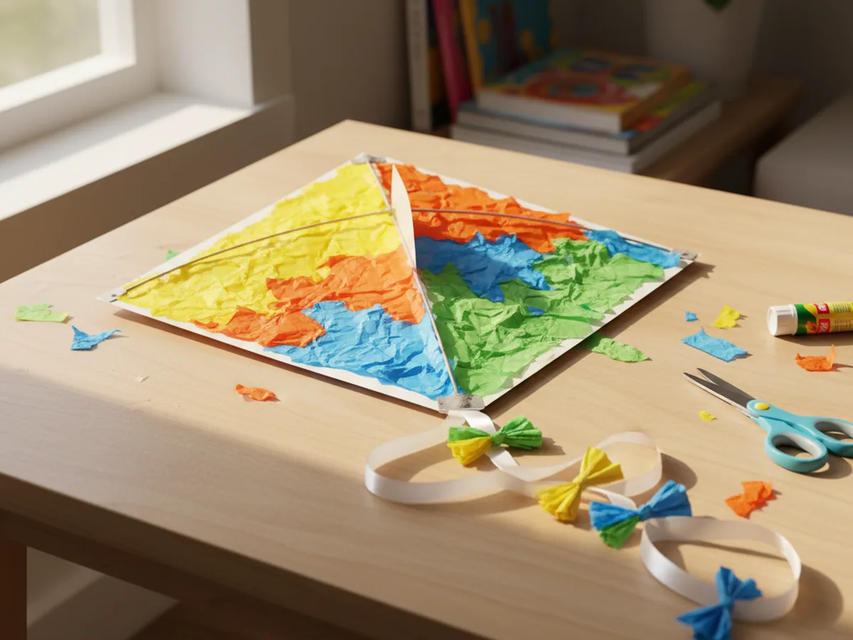 A handmade paper kite decorated with colorful tissue paper patches and a ribbon tail with tissue paper bows