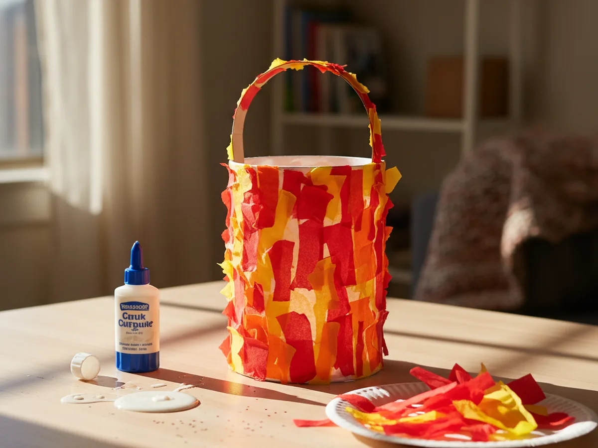 Handmade tissue paper lantern made from a cardstock cylinder covered in layers of colorful tissue paper