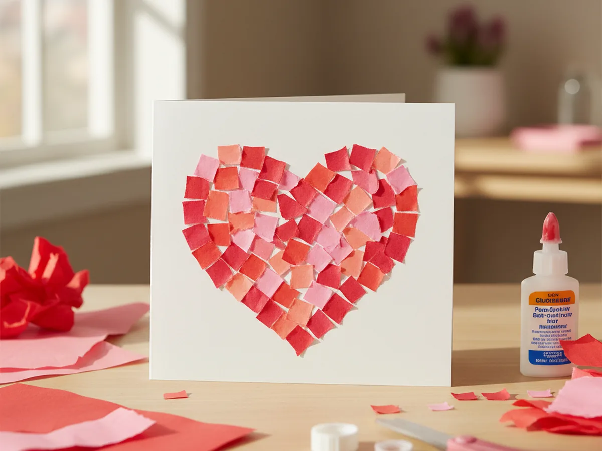 A handmade tissue paper mosaic heart card filled with tiny torn tissue paper squares in reds and pinks