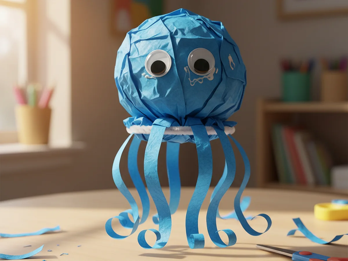 A handmade tissue paper octopus with a round blue head and eight curled tissue paper tentacles with googly eyes
