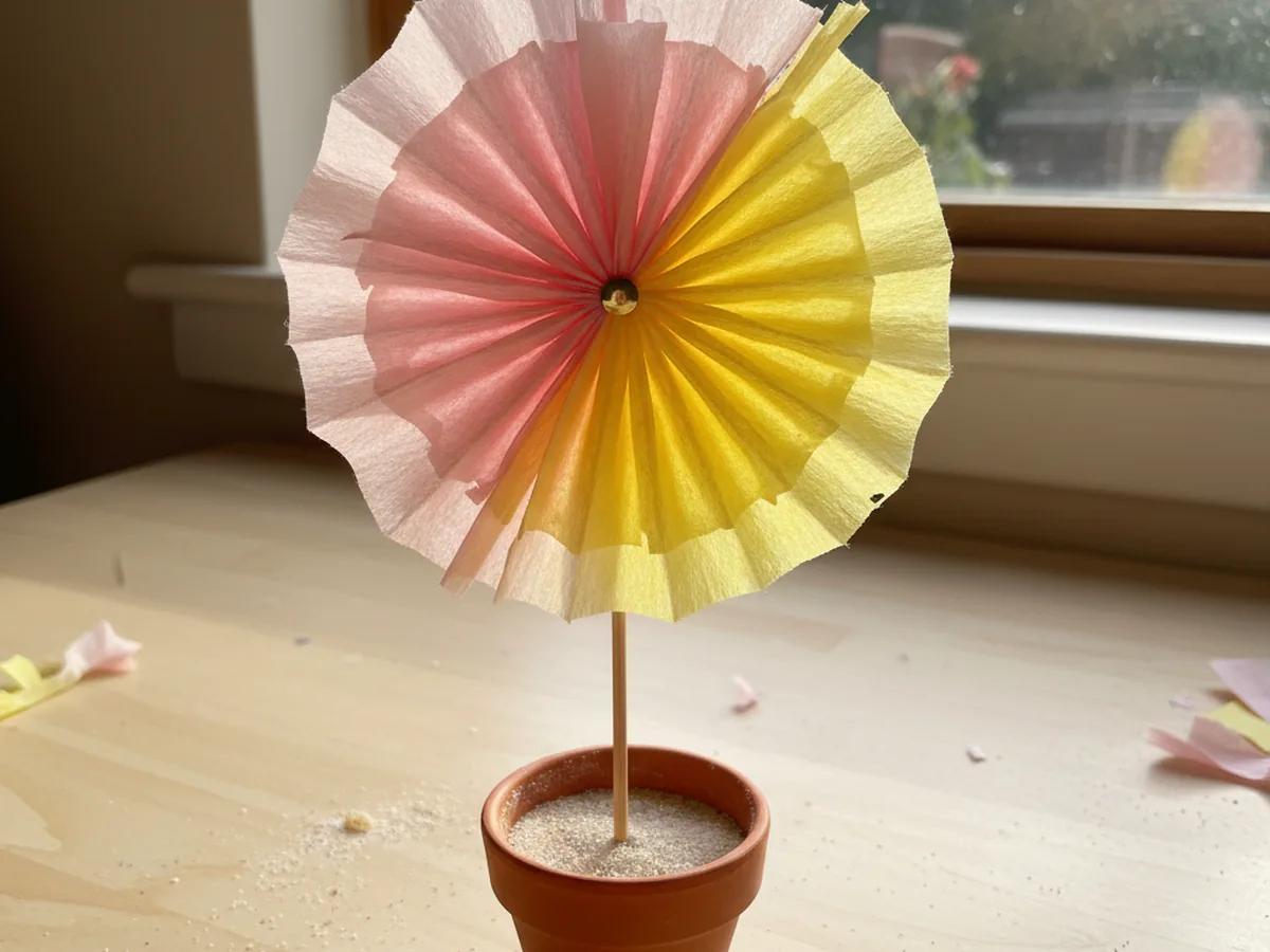 A handmade tissue paper pinwheel in pink and yellow on a wooden skewer standing in a small pot