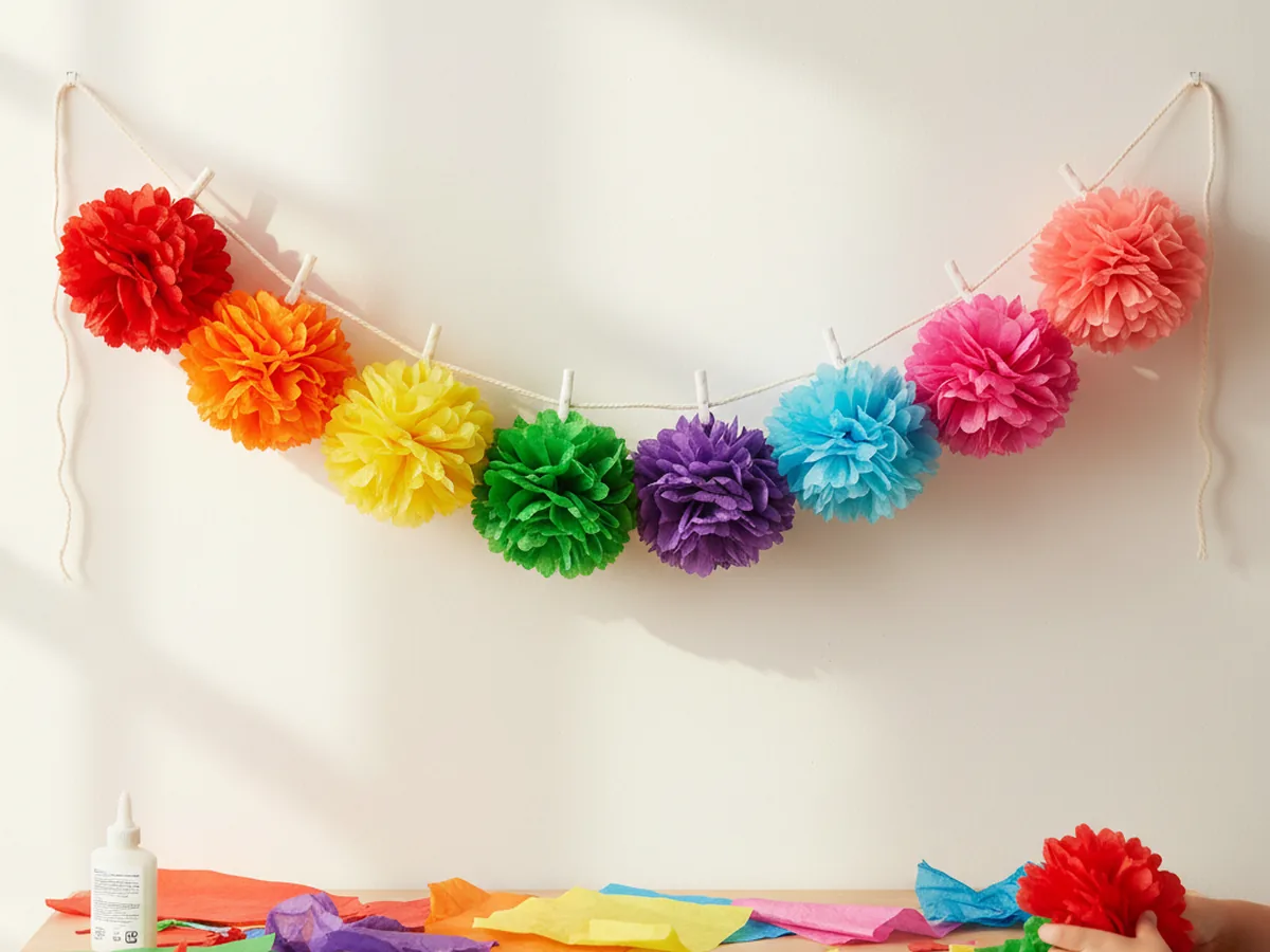 A colorful tissue paper pom-pom garland strung along a wall with pink, yellow, and orange pom-poms