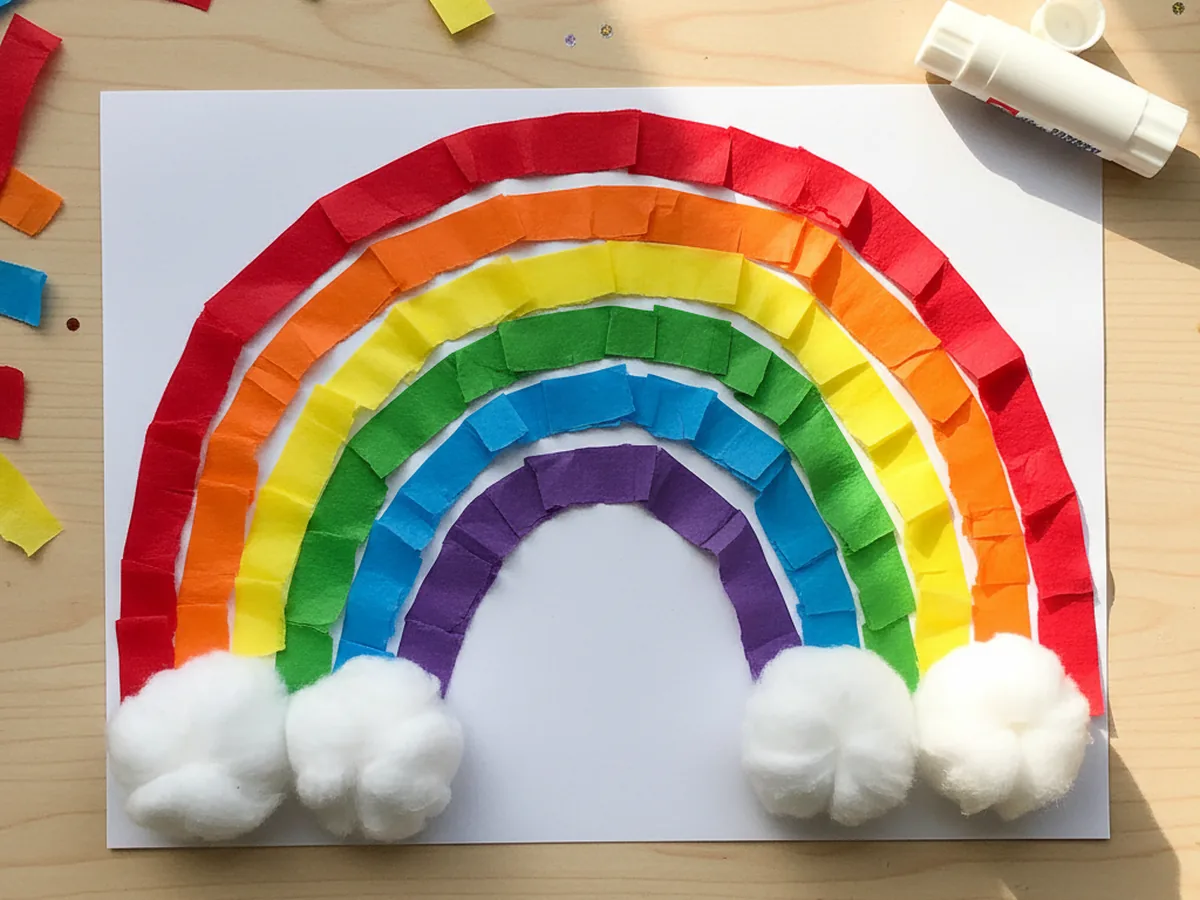 Handmade tissue paper rainbow with colorful arched strips and cotton ball clouds on white paper