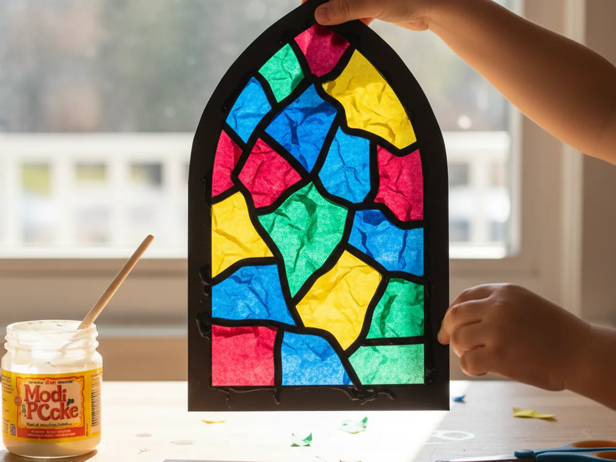 A handmade tissue paper stained glass window craft with a black cardstock frame and colorful tissue paper squares