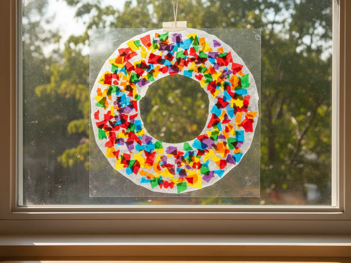 Colorful tissue paper suncatcher hanging in a window with sunlight shining through the bright pieces