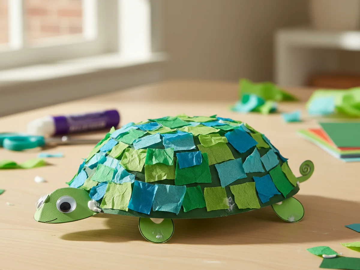 A handmade tissue paper turtle with a green patchwork shell made from torn tissue paper squares and a smiling cardstock face