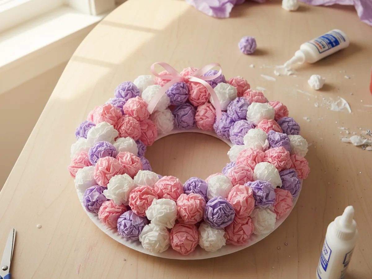 A handmade tissue paper wreath covered in scrunched pink and purple tissue paper balls on a paper plate ring