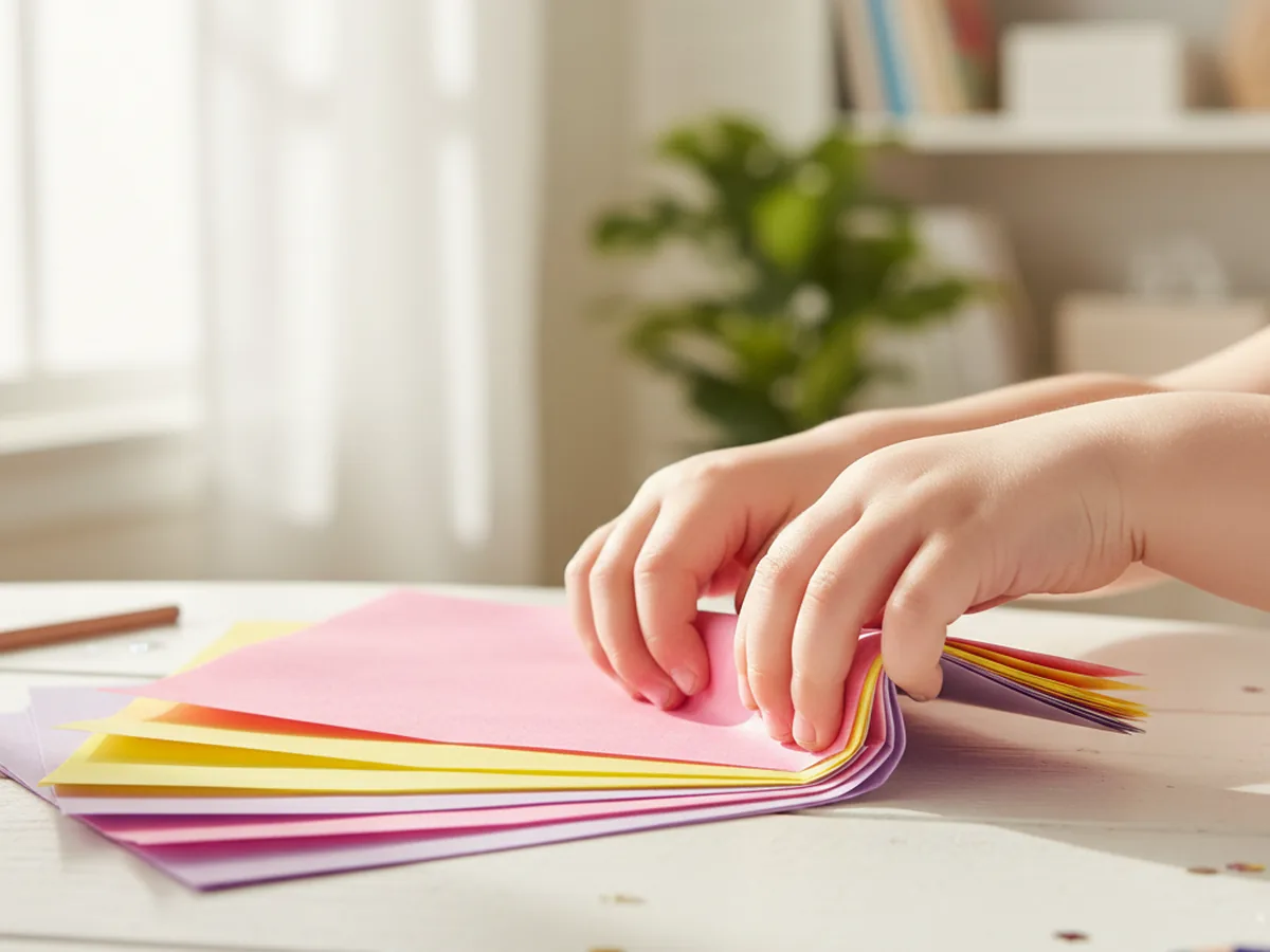 Small hands accordion-folding a stack of colorful tissue paper into a fan shape