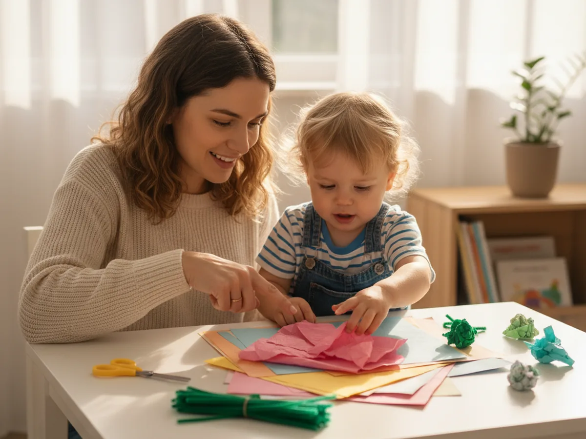 A mom and young child sitting together at a craft table ready to make tissue paper flowers