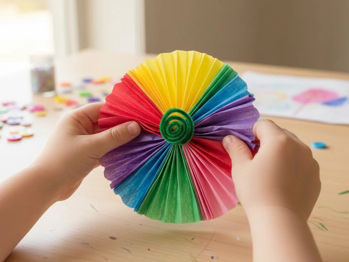 Small hands gently fanning open a tissue paper flower secured at the center with a green pipe cleaner