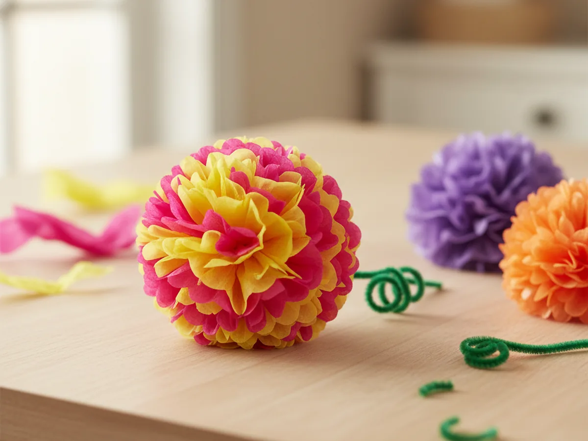 A finished handmade tissue paper flower in bright pink and yellow, fully fluffed and displayed on a craft table