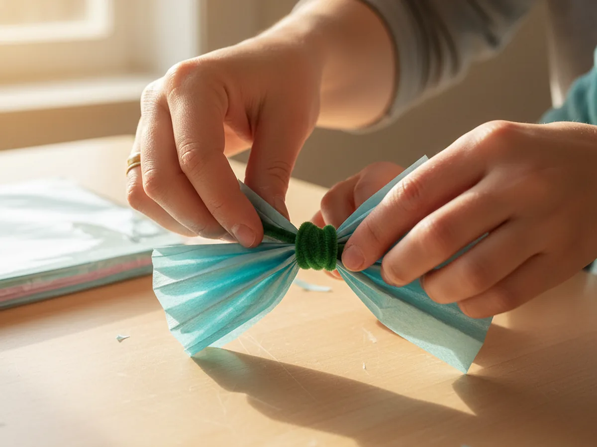 An adult and child twisting a green pipe cleaner around the center of a folded tissue paper fan