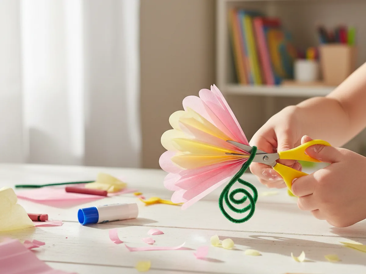 Child using safety scissors to trim the ends of a tissue paper fan into rounded petal shapes