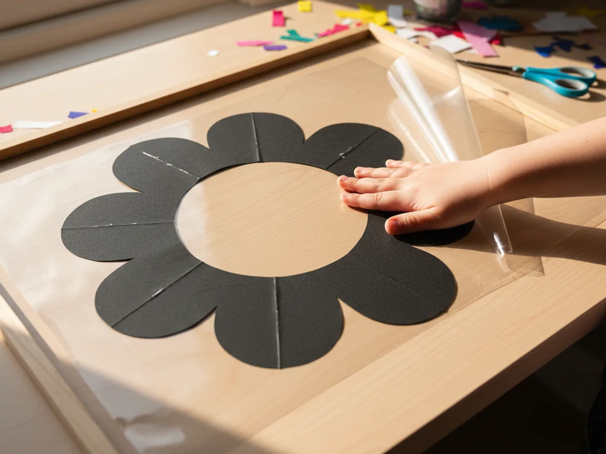 Clear contact paper laid sticky-side-up on a craft table with a black paper flower frame pressed firmly onto it